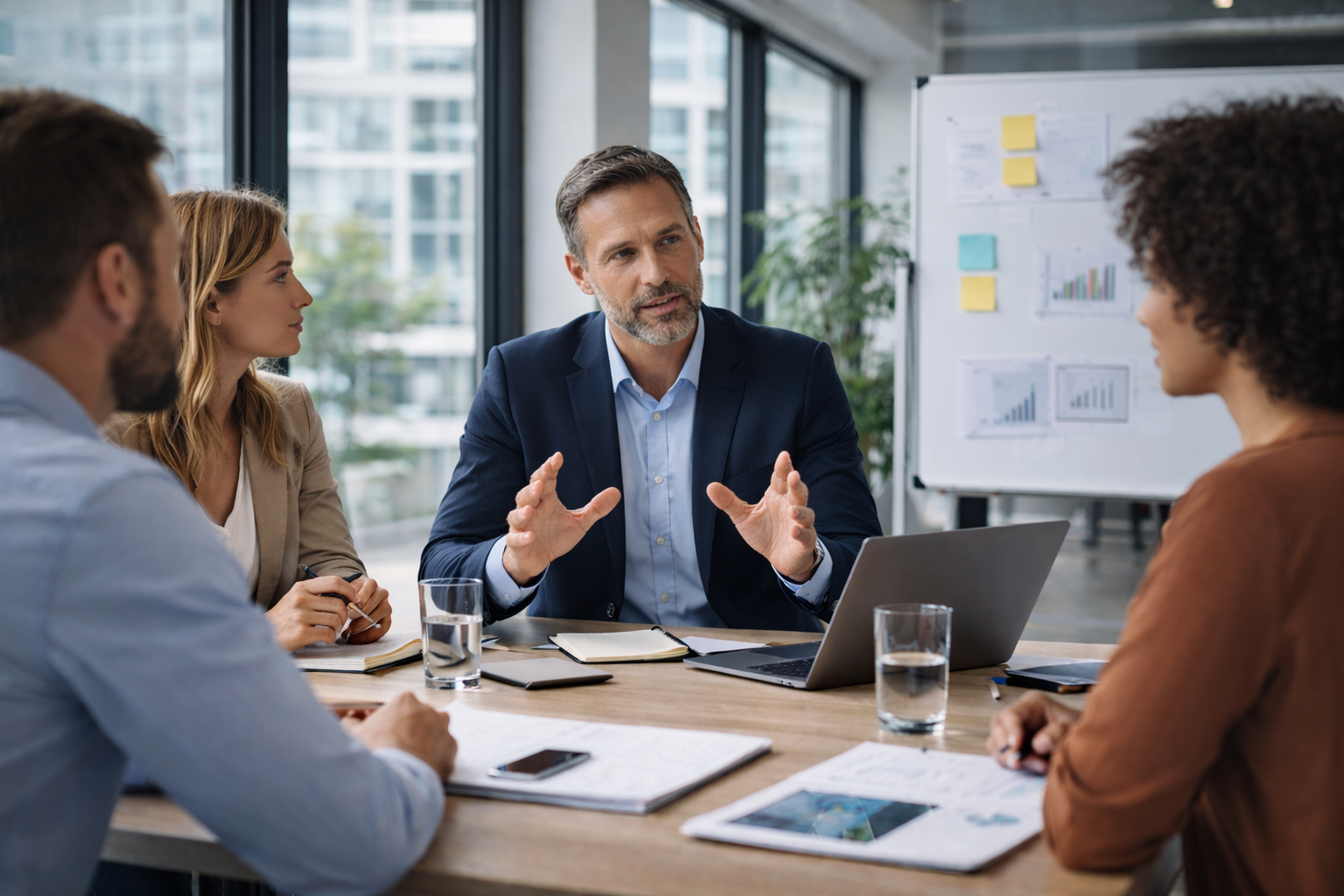 KI-generiertes Bild: Führungskraft im Gespräch mit Mitarbeitenden in modernem Büro